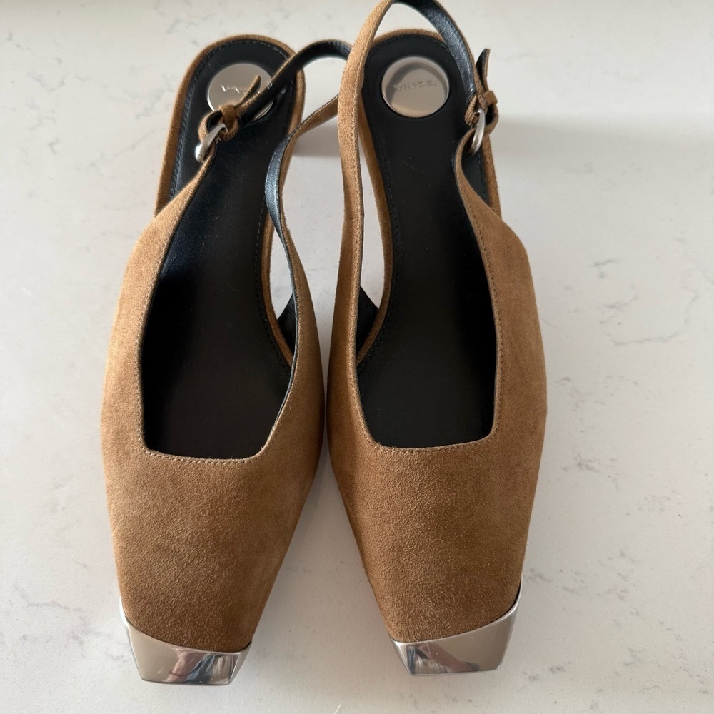 New Vince Suede Tan Slingback Square Toe Heels Size: 6
